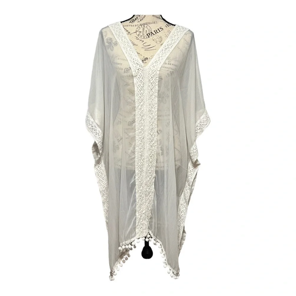 Gypsie Blue Poolside MuMu Sheer White Crochet Lace Pom Pom Swimsuit Cover-Up OS